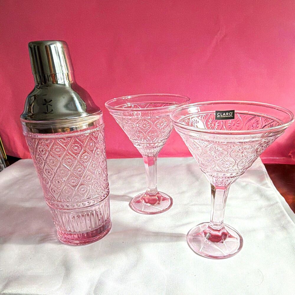 Godinger Claro Pink Crystal Cocktail Shaker, Martini Glasses 3-Pc Bar Ware Set